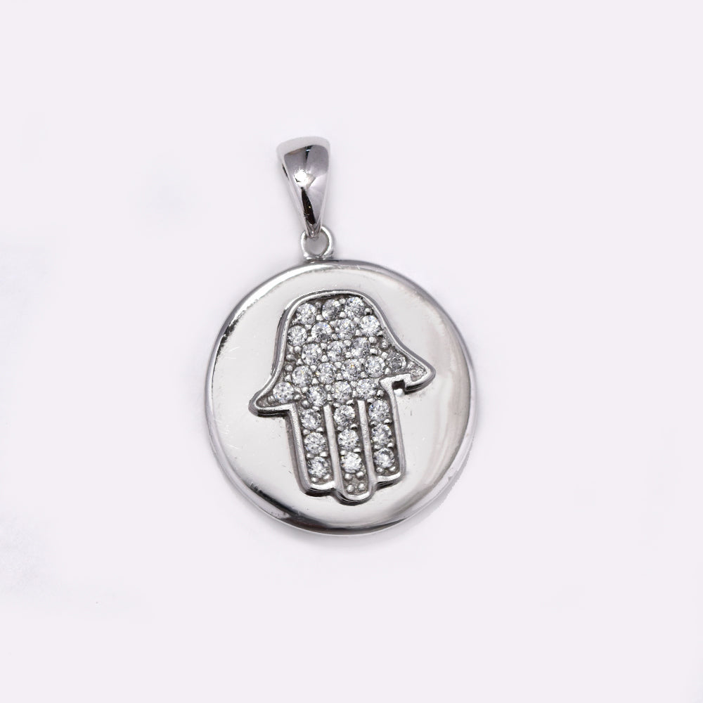 925 Silver cubic zirconia Hamsa hand disk pendant - SP1075