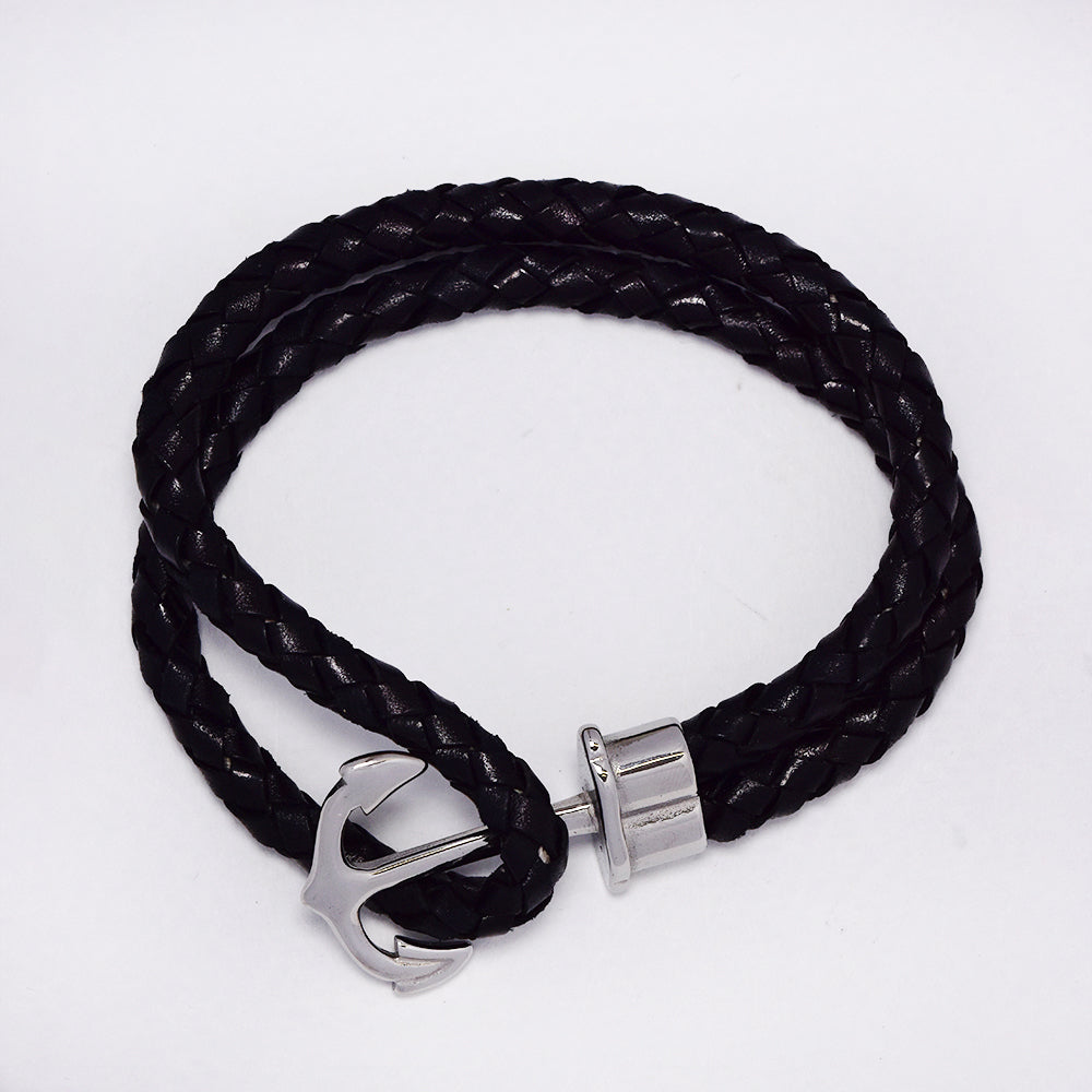 Stainless steel anchor braided brown leather wrap bracelet - SSGB1531