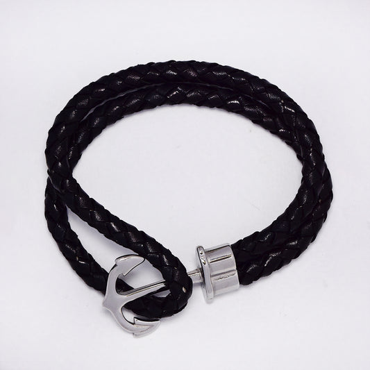Stainless steel anchor braided brown leather wrap bracelet - SSGB1531