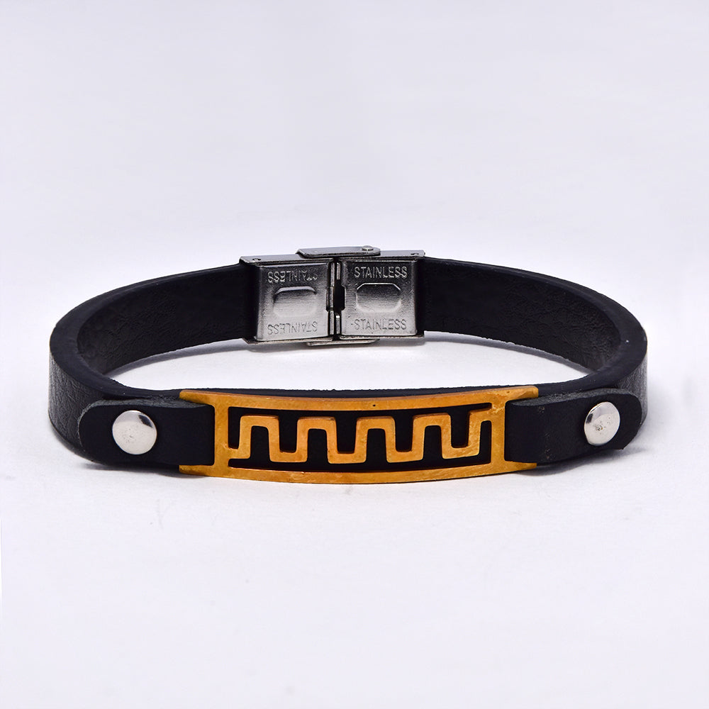 Stainless steel gold Grecian ID bracelet with leather strap - SSGB1578