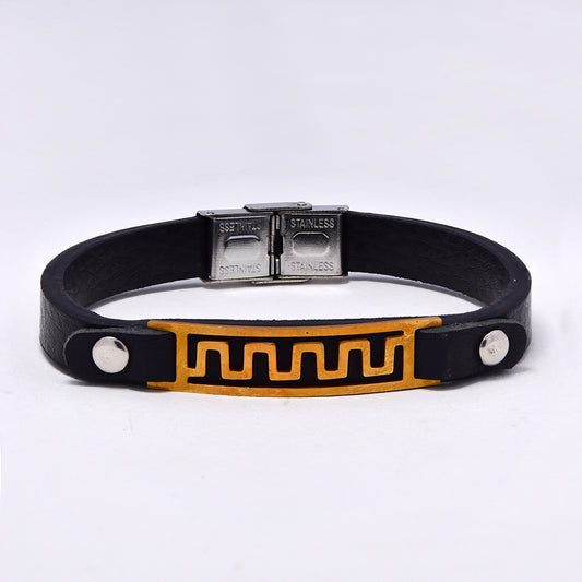 Stainless steel gold Grecian ID bracelet with leather strap - SSGB1578