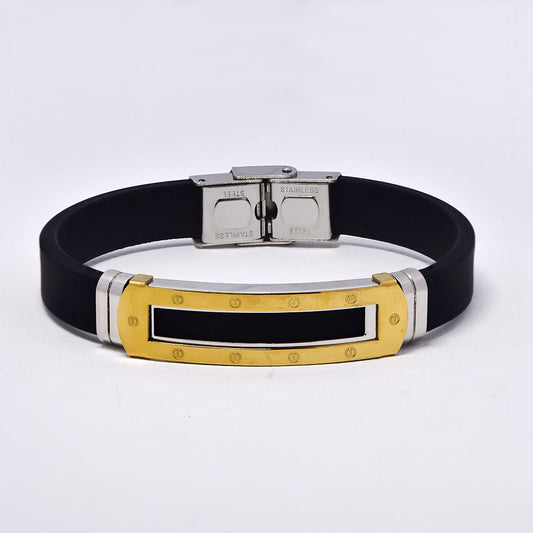 Stainless steel two tone ID bracelet with screw top detail and leather strap - SSGB1601