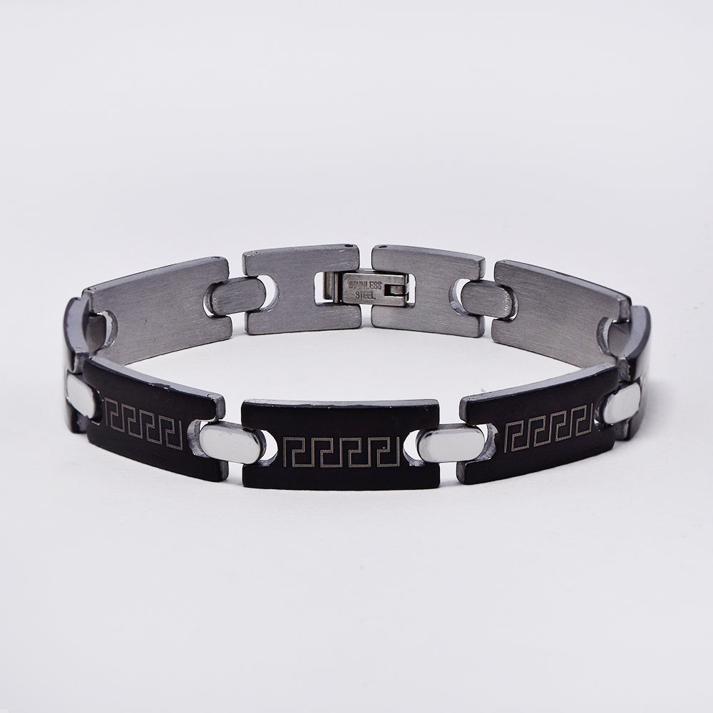 Black steel Grecian pattern brick link bracelet - SSGB1626