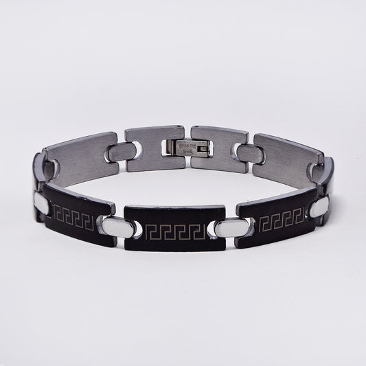 Black steel Grecian pattern brick link bracelet - SSGB1626