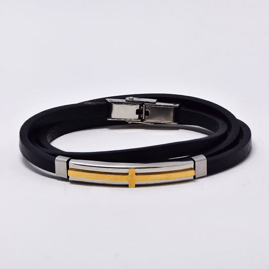 Stainless steel coil leather strap with two tone cross ID - SSGB2040