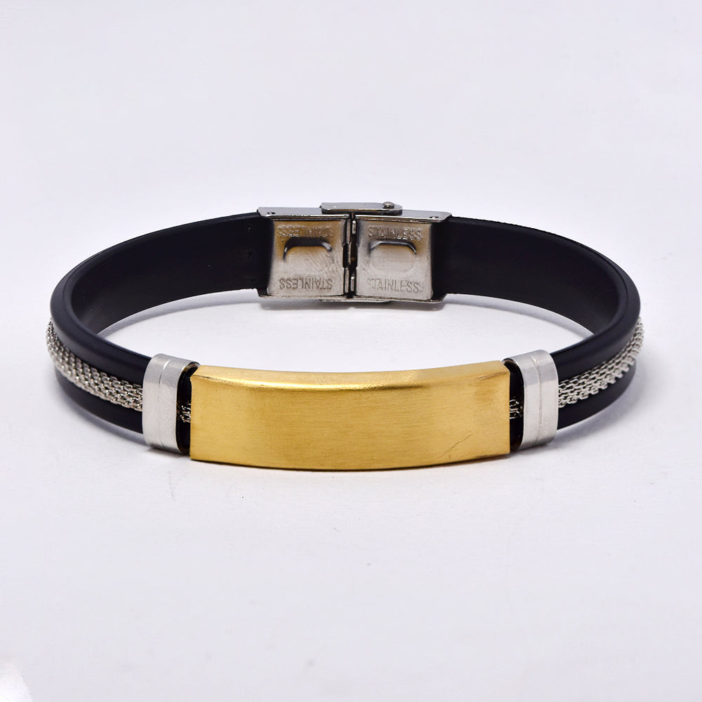 Stainless steel matte ID bracelet with leather and mesh centre strap - SSGB3034