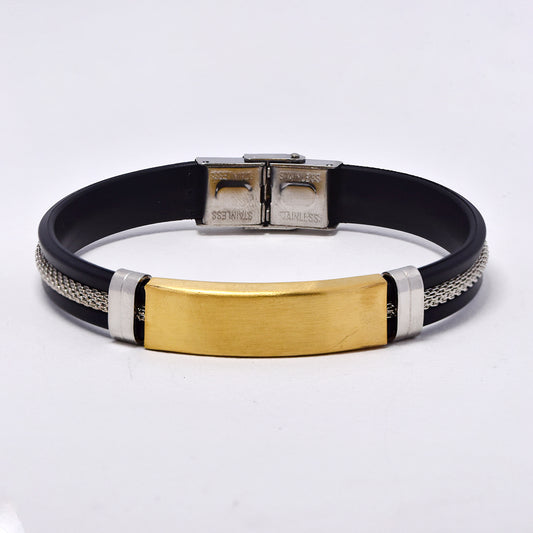 Stainless steel matte ID bracelet with leather and mesh centre strap - SSGB3034