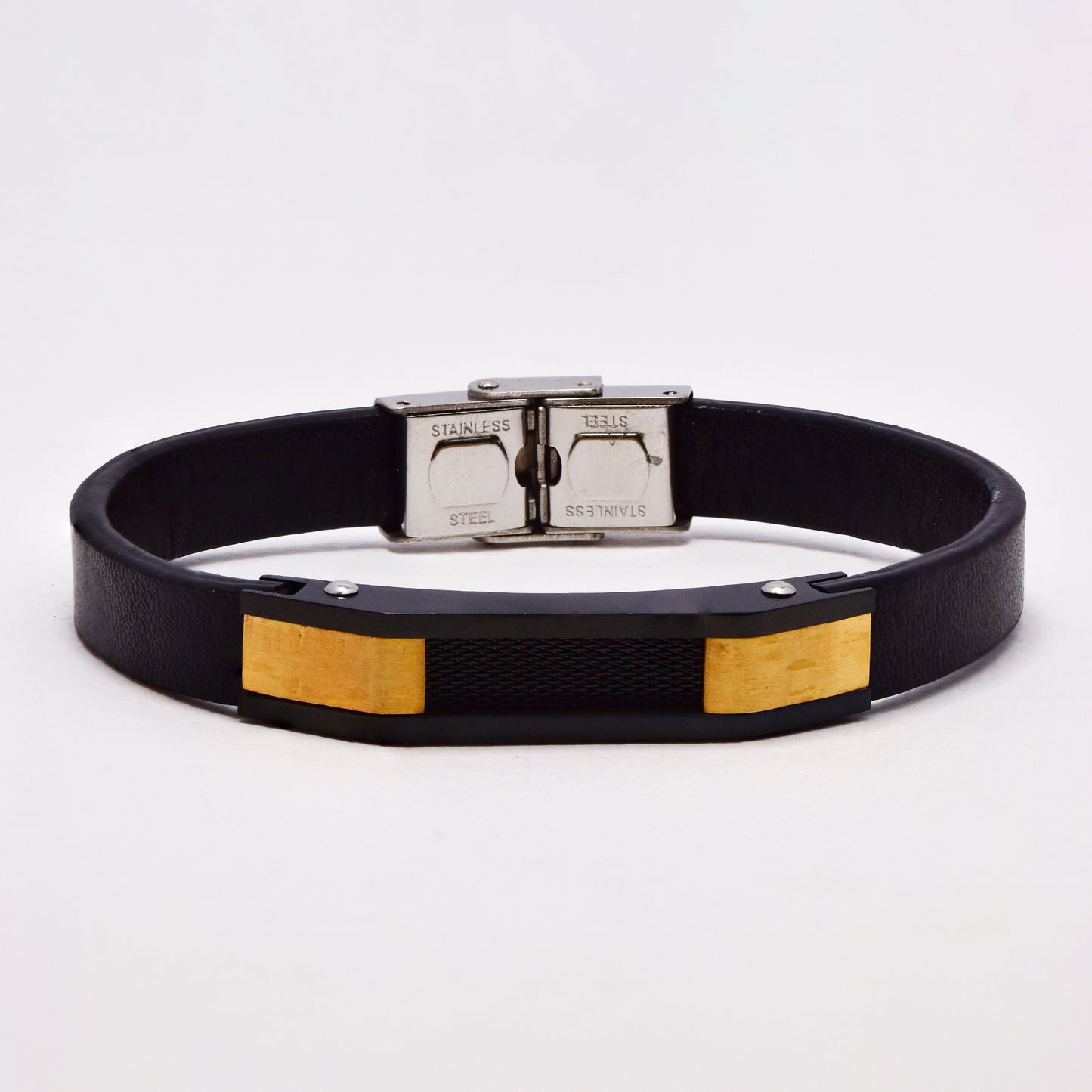 SSGB3045 - Steel gold and black mesh ID bracelet