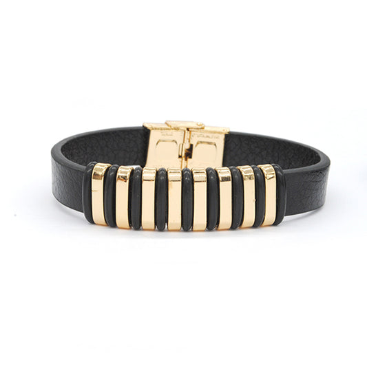 Stainless steel gold and black ID striped leather bracelet - SSGB3117