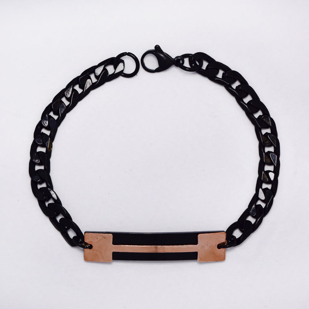 Stainless steel black curb link ID bracelet with rose gold bar - SSGB5302