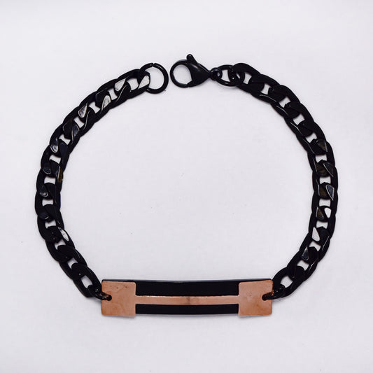 Stainless steel black curb link ID bracelet with rose gold bar - SSGB5302