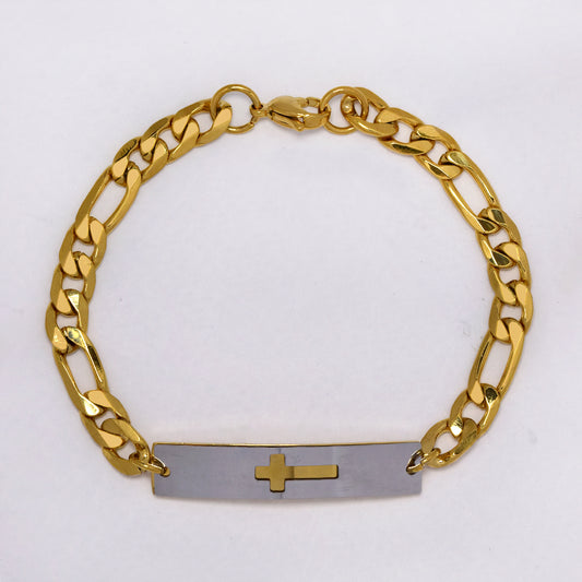 Stainless steel curb bracelet with two tone cross ID