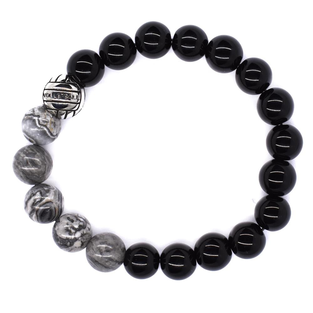 Grey and volcanic rock bead with volleyball charm bracelet - SSGB7313