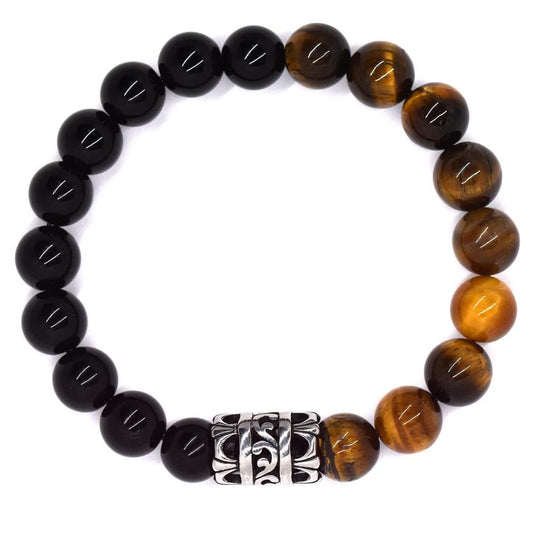 Tiger's eye and black agate bead with fleur de lis charm bracelet - SSGB7315