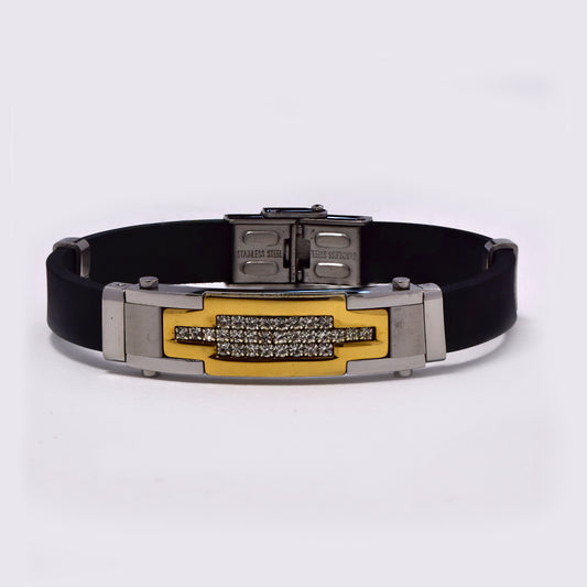 Stainless steel 2 tone cubic zirconia ID rubber bracelet - SSGB7408