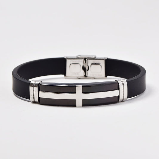 Stainless steel black 2 tone cross ID on rubber bracelet - SSGB7629I