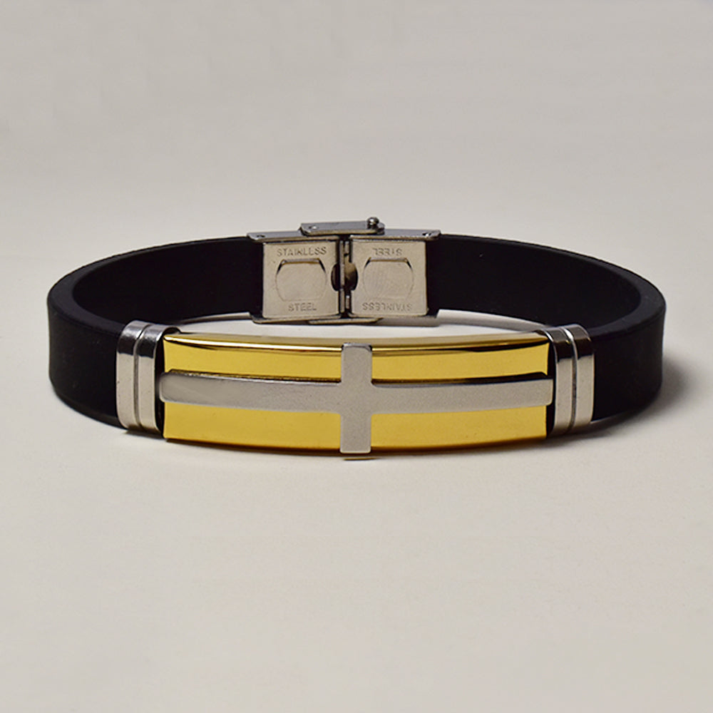 Stainless steel gold 2 tone cross ID on rubber bracelet - SSGB7629