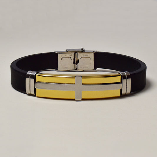 Stainless steel gold 2 tone cross ID on rubber bracelet - SSGB7629