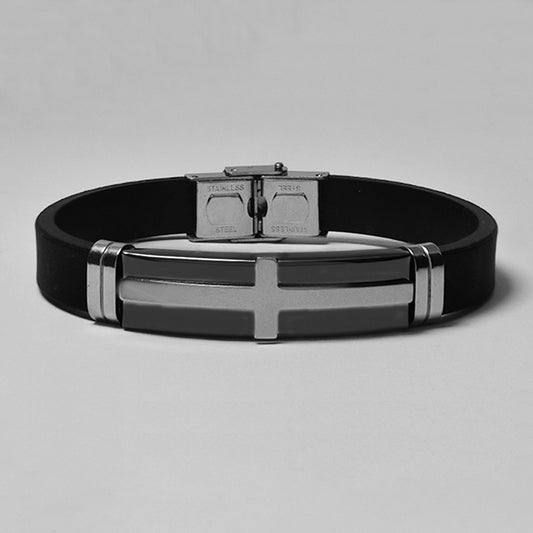 Stainless steel gun metal 2 tone cross ID on rubber bracelet - SSGB7630