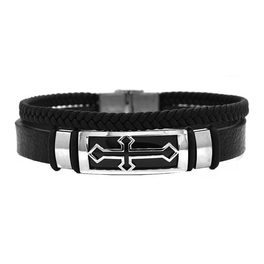 Stainless steel leather braided 2 strand cross ID bracelet - SSGB9139