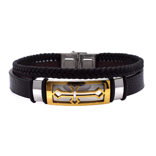 Stainless steel leather braided 2 strand two tone cutout cross ID bracelet - SSGB9142