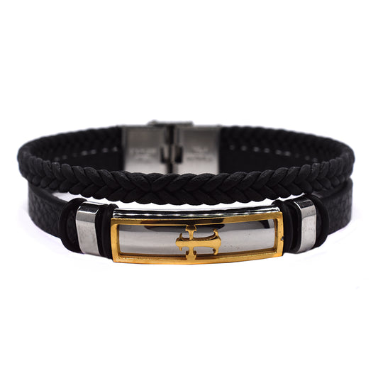 Stainless steel leather braided 2 strand two tone cross ID bracelet - SSGB9143