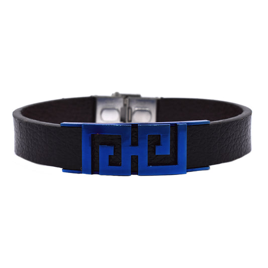 Stainless steel leather blue plated Grecian ID bracelet - SSGB9145