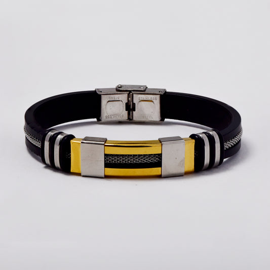 Stainless steel Leather strap 2 tone ID bracelet - SSGB9488T