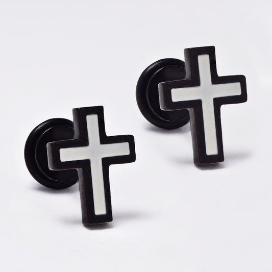 Stainless steel black with white enamel cross dumbbell earring - SSGE202