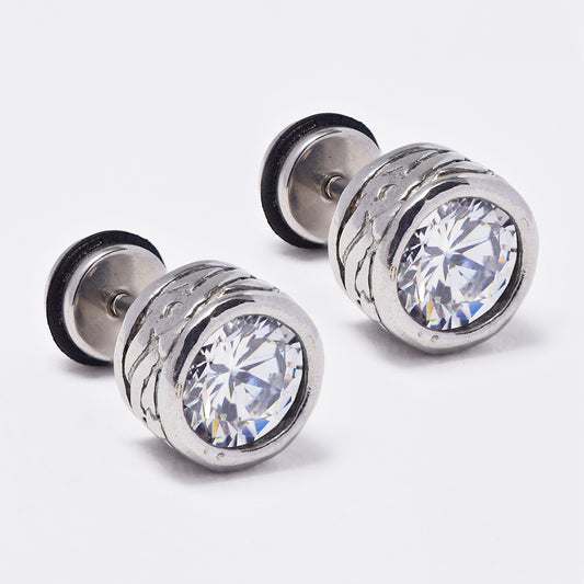 SSGE239 - Stainless steel cubic zirconia textured tube earring