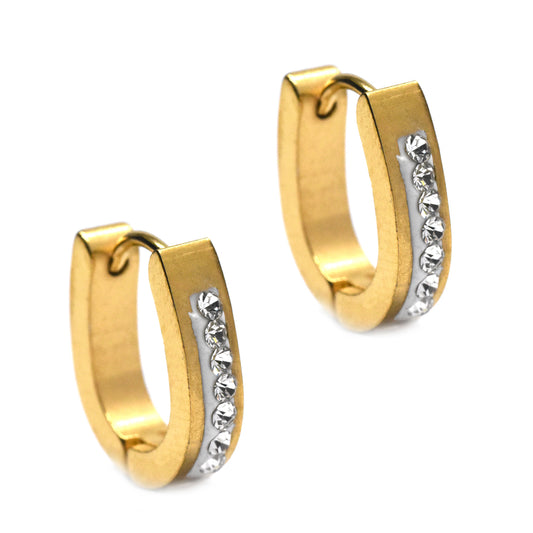 Stainless steel oval gold plated cubic zirconia huggie - SSGE7538