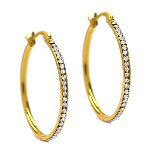 Stainless steel 30mm x 2mm cubic zirconia hoop earring - SSGE774