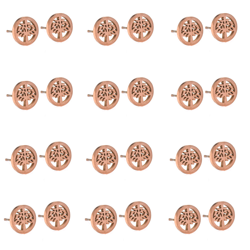 12 Pack stainless steel round tree of life rose gold stud earring - SSGE9075