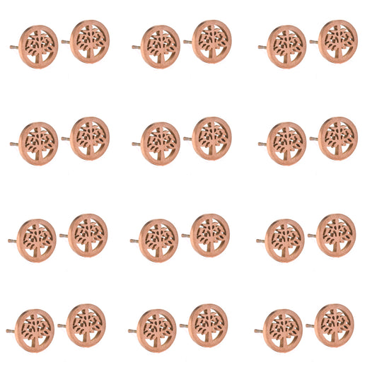 12 Pack stainless steel round tree of life rose gold stud earring - SSGE9075