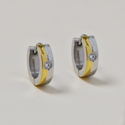 Buy 1 get 1 FREE - Stainless steel 2 tone and cubic zirconia 13mm huggie earrings - SSGE9449i