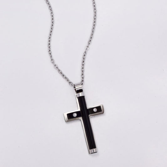Stainless steel Two tone black tube detail cross - SSGN7649