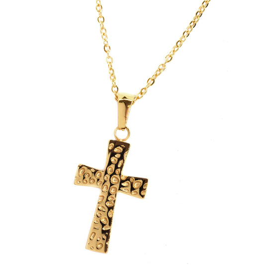 Steel gold plated embossed cross necklace - SSGN7663