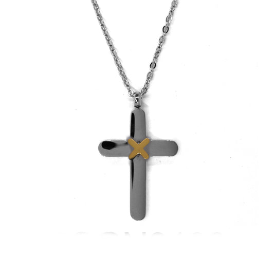 Stainless steel gold X centre cross necklace - SSGN9193