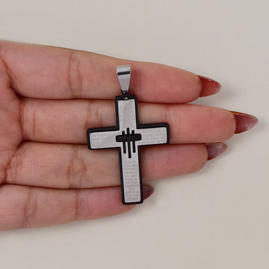 Stainless steel prayer cross silver on black pendant    40mm x 30mm