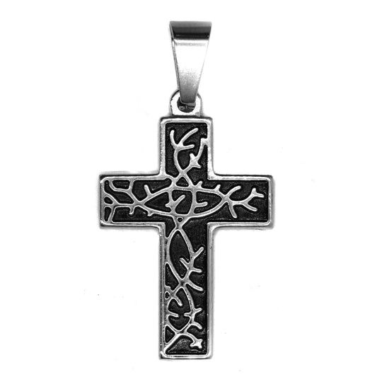 Stainless steel black vined centre cross pendant - SSGP9169