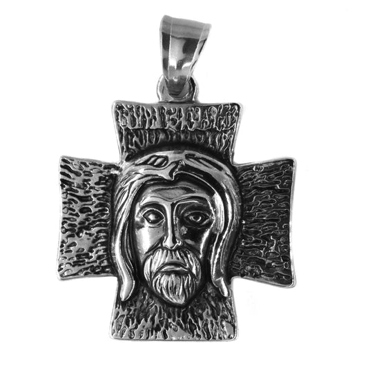 Stainless steel oxidised cross face pendant - SSGP9202