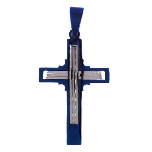 Stainless steel two tone lined cross blue plated pendant - SSGP9205