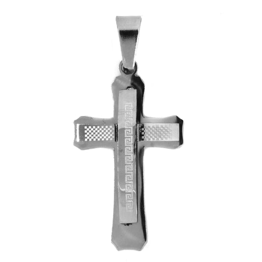 Stainless steel layered Grecian pattern cross pendant - SSGP9233