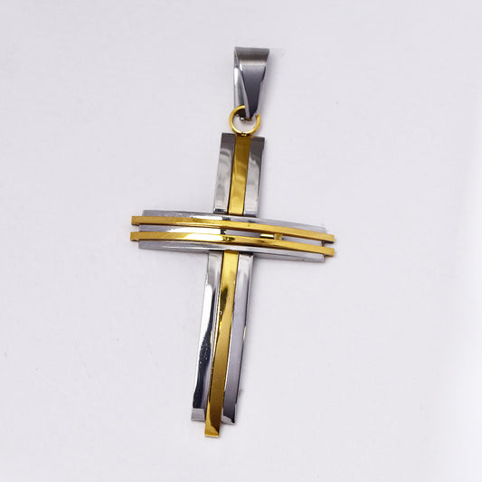 Stainless steel two tone ridged cross pendant - SSGP9489I