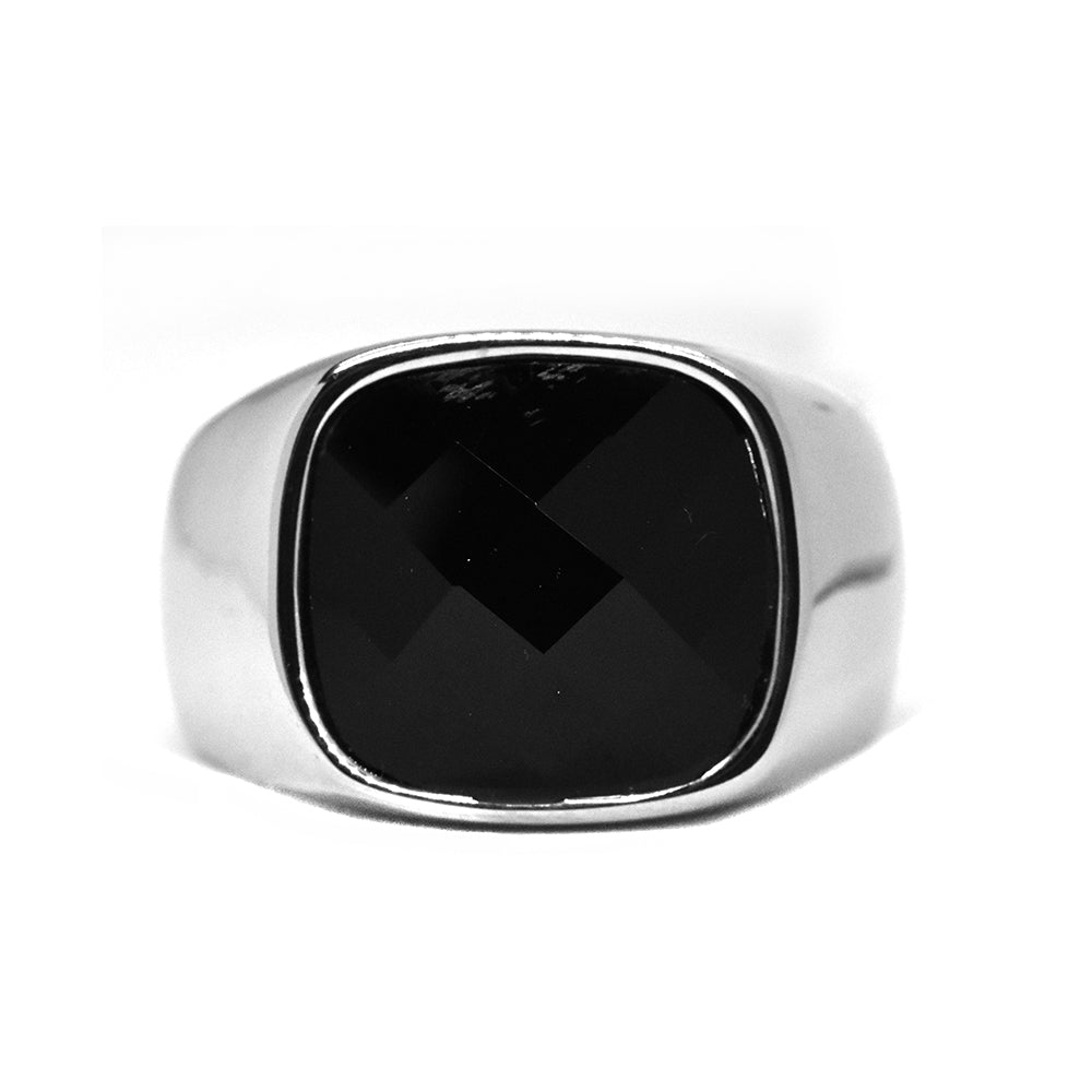 Stainless steel rounded edge faceted square black stone signet ring - SSGR7305