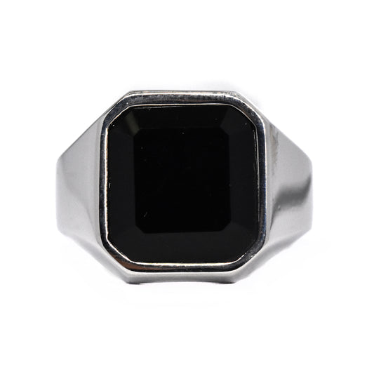 Stainless steel square black stone signet ring - SSGR7306