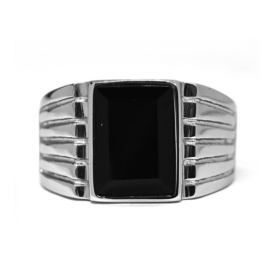 Stainless steel rectangle black stone with engraved Shand signet ring - SSGR7308