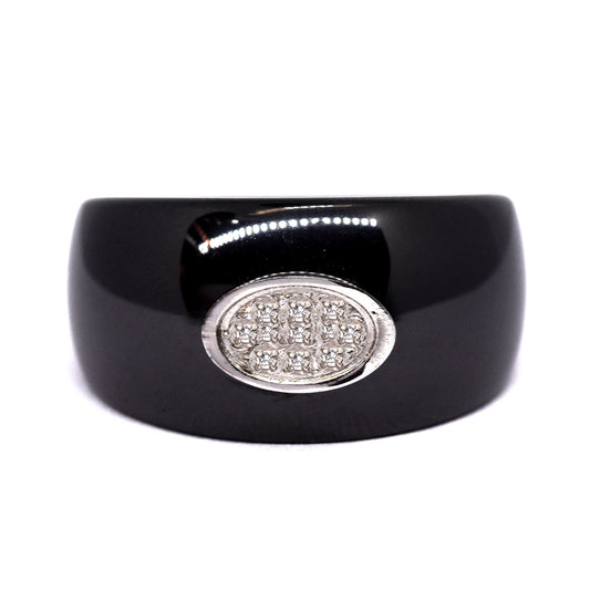 Stainless steel oval black ring with cubic zirconia - SSGR7518