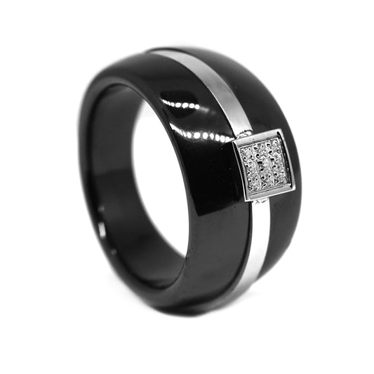 Stainless steel black plated ceramic line square cubic zirconia ring - SSGR7523