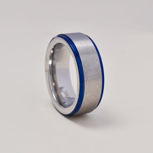 Stainless steel matt band ring with blue edges - SSGR7678i